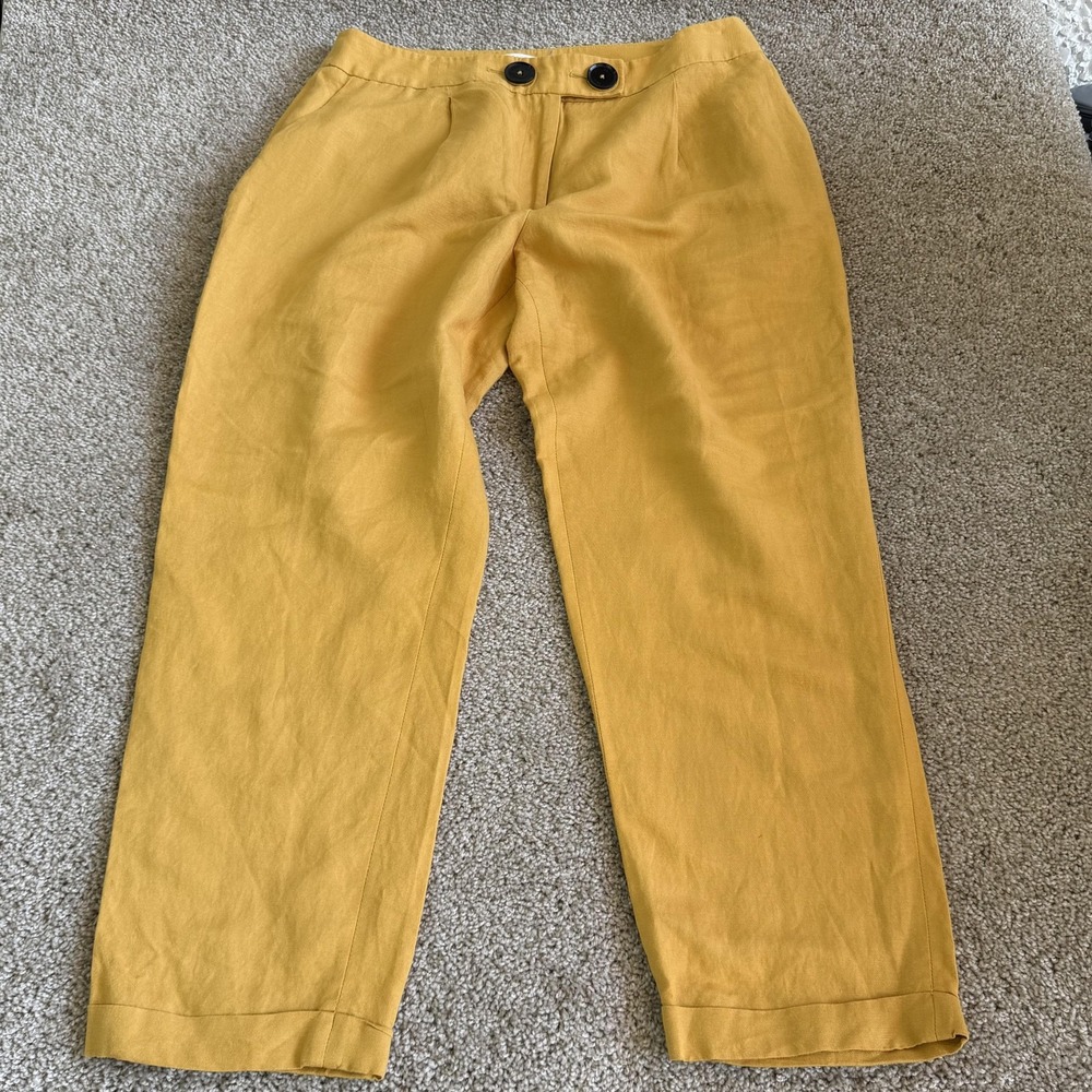Calvin Klein Dress Pants Womens 14 Yellow Linen Tapered Pockets Summer Casual